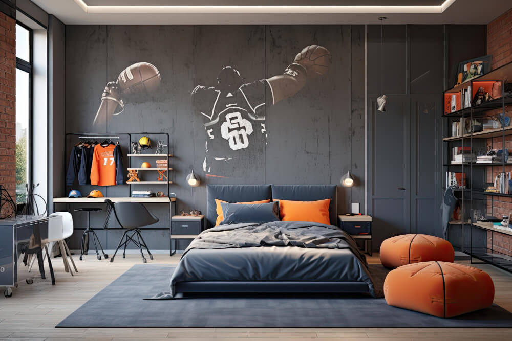 pokój nastolatka w stylu loft pomarańczowe dodatki